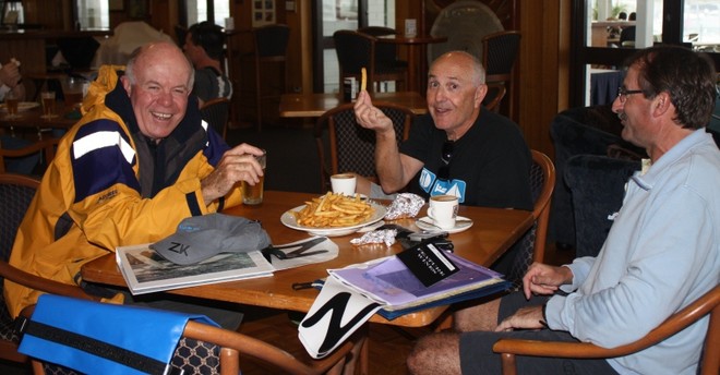 Trekka and Dot team members celebrate their post weigh-in high-carb feed - Zhik Etchells NSW State Championship 2011  © Tracey Johnstone
